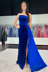 Velvet Royal Blue Long Mermaid Prom Dress with Strapless Neckline and Slit