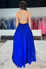 Long A-Line Prom Dress with Royal Blue Spaghetti Straps