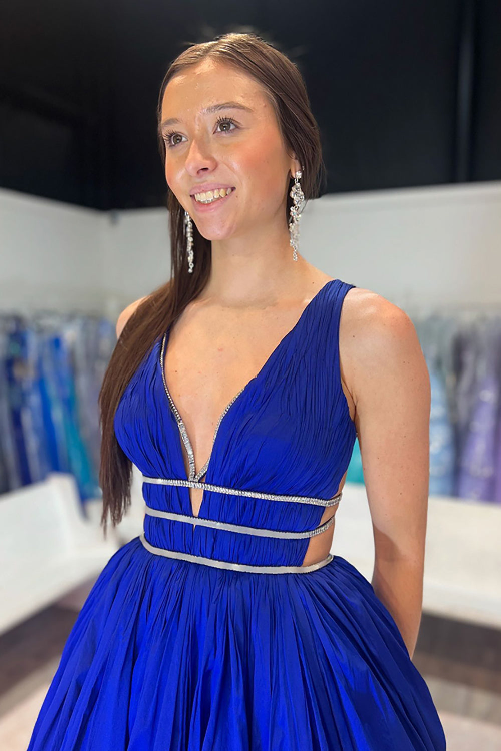 Long A-Line Prom Dress with Royal Blue Spaghetti Straps