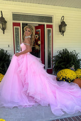 Long Corset Prom Dress in Pink with Off-the-Shoulder Princess Tulle