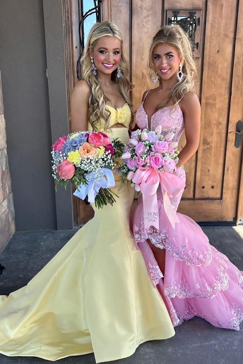 Long Corset Prom Dress in Pink with Spaghetti Straps Mermaid Tiered Tulle and Appliques