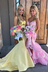 Long Corset Prom Dress in Pink with Spaghetti Straps Mermaid Tiered Tulle and Appliques