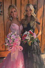 Long Corset Prom Dress in Pink with Spaghetti Straps Mermaid Tiered Tulle and Appliques