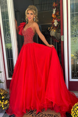 Long Red Prom Dress with Beading in Princess Tulle One Shoulder