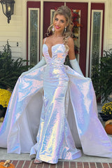 Long Metallic Mermaid Prom Dress in White with Spaghetti Straps and Slit (Gloves not Included)
