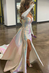 Long Metallic Mermaid Prom Dress in White with Spaghetti Straps and Slit (Gloves not Included)