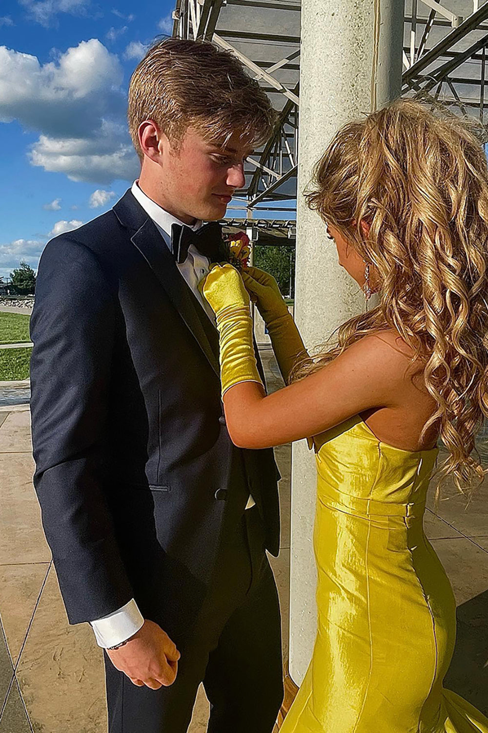Long Satin Mermaid Prom Dress with Sweetheart Cut Out in Yellow (Gloves not Included)