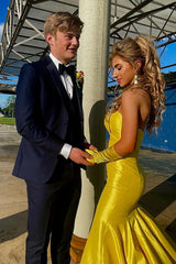 Long Satin Mermaid Prom Dress with Sweetheart Cut Out in Yellow (Gloves not Included)