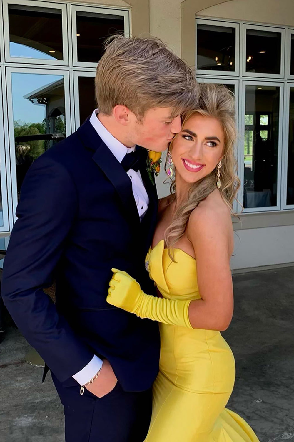 Long Satin Mermaid Prom Dress with Sweetheart Cut Out in Yellow (Gloves not Included)