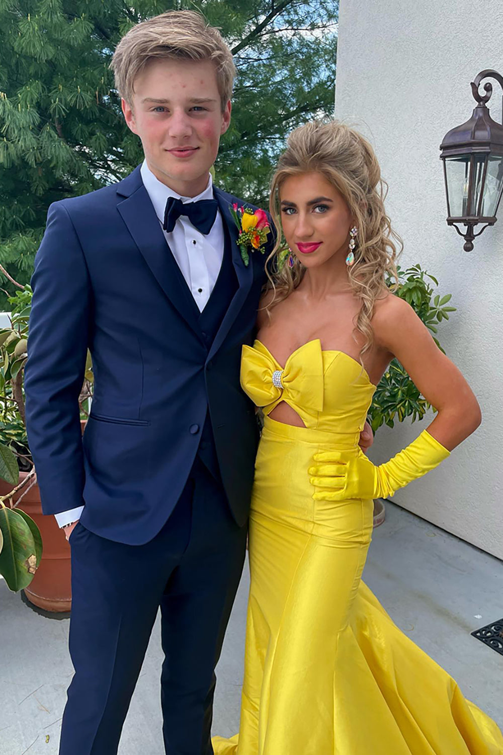 Long Satin Mermaid Prom Dress with Sweetheart Cut Out in Yellow (Gloves not Included)