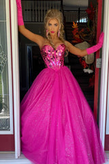 Long Fuchsia Princess Prom Dress with Sparkly Sweetheart Corset and Tulle Mirror Detail (Gloves Not Included)