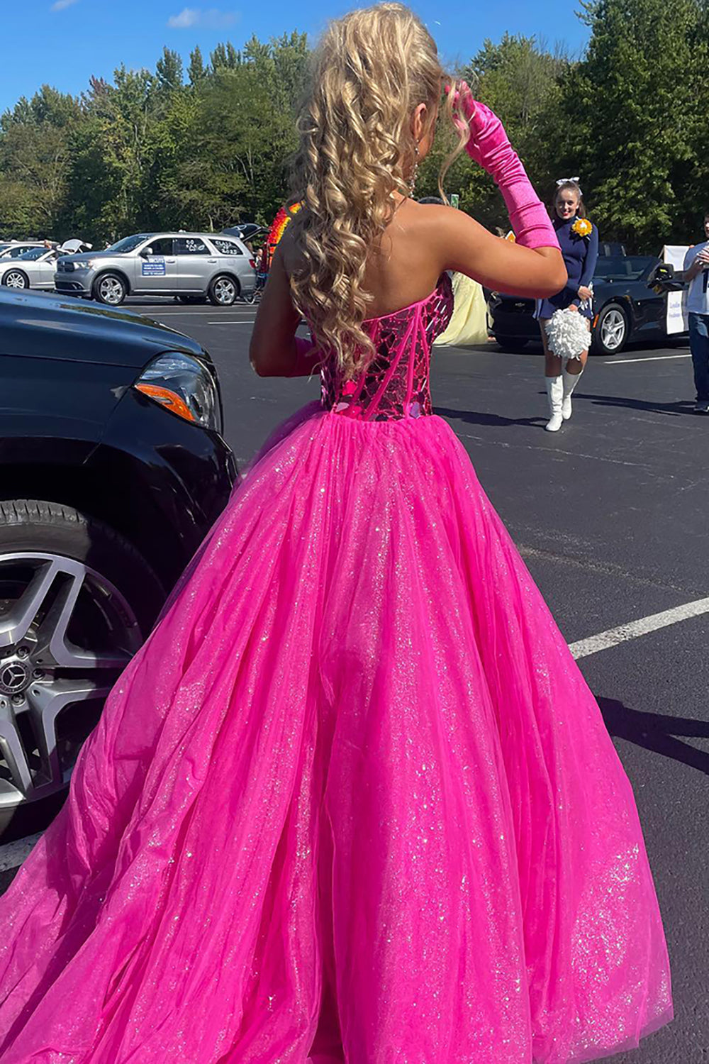 Long Fuchsia Princess Prom Dress with Sparkly Sweetheart Corset and Tulle Mirror Detail (Gloves Not Included)