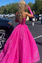 Long Fuchsia Princess Prom Dress with Sparkly Sweetheart Corset and Tulle Mirror Detail (Gloves Not Included)