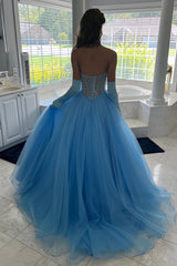 Sweetheart Princess Long Corset Prom Dress in Light Blue Tulle with Beading (Gloves not Included)