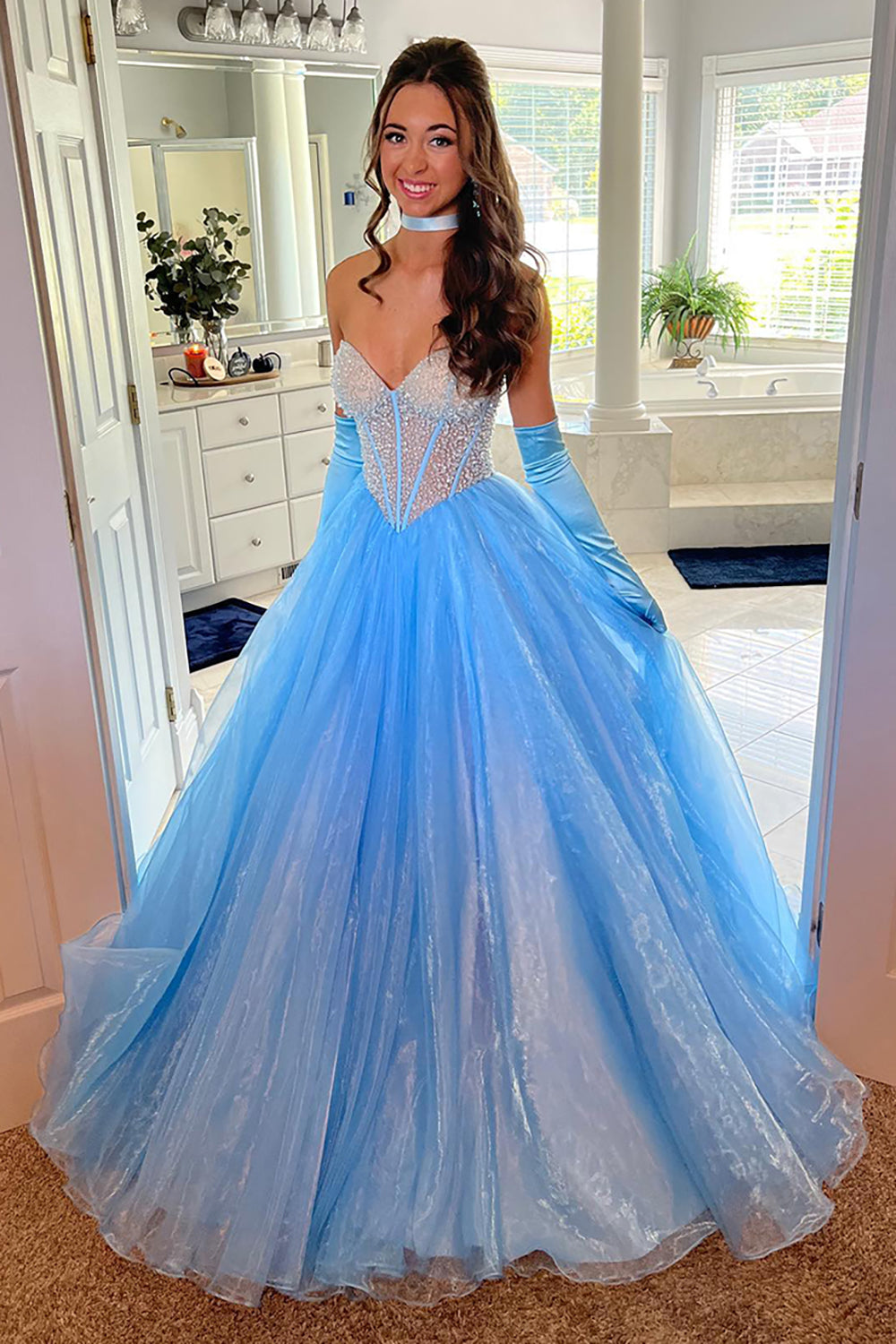 Sweetheart Princess Long Corset Prom Dress in Light Blue Tulle with Beading (Gloves not Included)