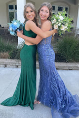 Long One-Shoulder Emerald Green Mermaid Prom Dress with Beaded Cut-Out and Slit