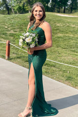 Long One-Shoulder Emerald Green Mermaid Prom Dress with Beaded Cut-Out and Slit