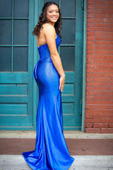 Elegant Beaded Long Corset Prom Dress in Royal Blue with Sweetheart Mermaid Silhouette and Slit
