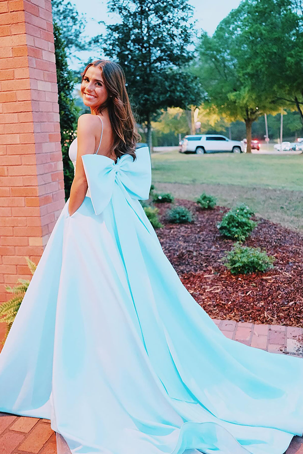 Satin Long Prom Dress in Light Blue with Spaghetti Straps A-Line Cut and Bow