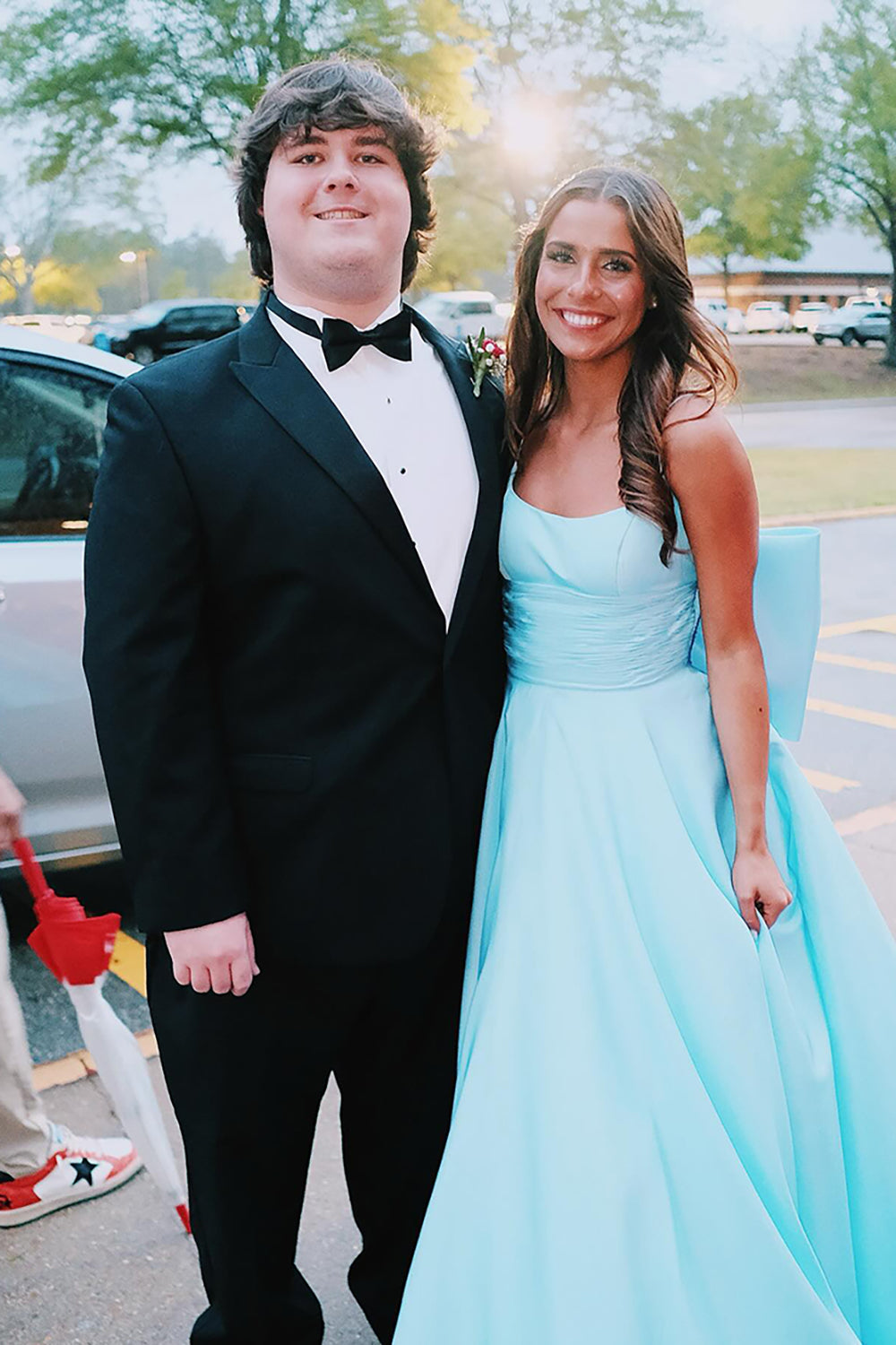 Satin Long Prom Dress in Light Blue with Spaghetti Straps A-Line Cut and Bow