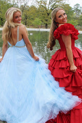 Princess Long Prom Dress in Light Blue with Spaghetti Straps and Tiered Tulle