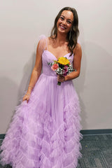 Princess Long Prom Dress with Lilac Tulle Tiered Skirt and Spaghetti Straps
