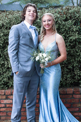 Mermaid Beaded Satin Long Prom Dress with Light Blue Spaghetti Straps