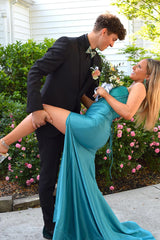 Long Turquoise Satin Mermaid Prom Dress with Sweetheart Neckline and Beading