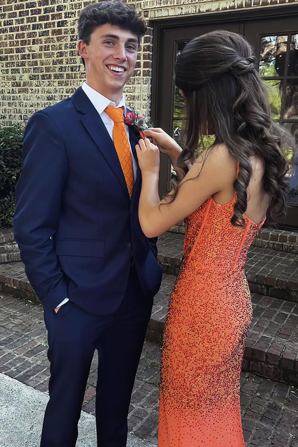 Orange Glitter Mermaid Corset Dress with Beaded Spaghetti Straps