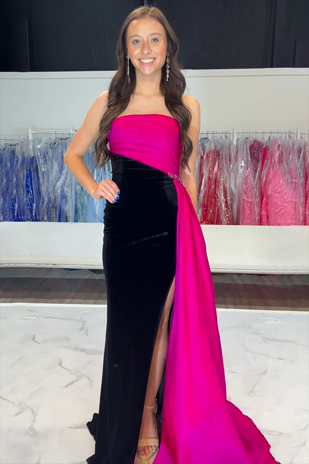 Velvet Long Prom Dress in Black Fuchsia with Strapless Mermaid Design and Slit