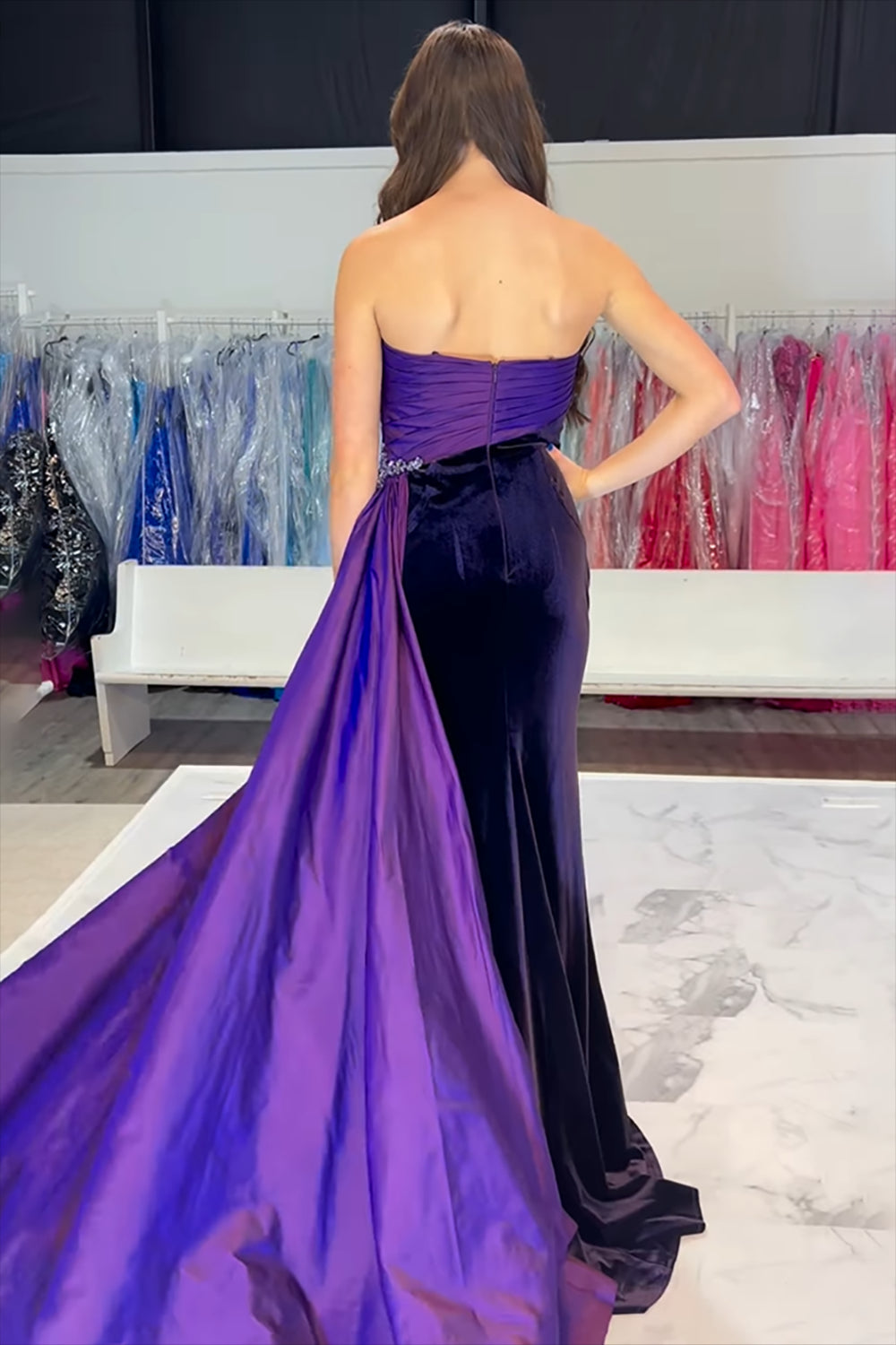 Velvet Long Prom Dress in Black Fuchsia with Strapless Mermaid Design and Slit
