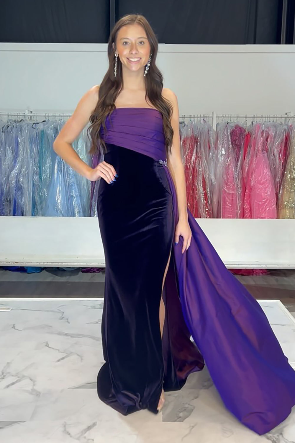 Velvet Long Prom Dress in Black Fuchsia with Strapless Mermaid Design and Slit