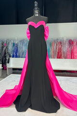 Long Satin Prom Dress in Black Fuchsia with Sweetheart Neckline and Mermaid Bow