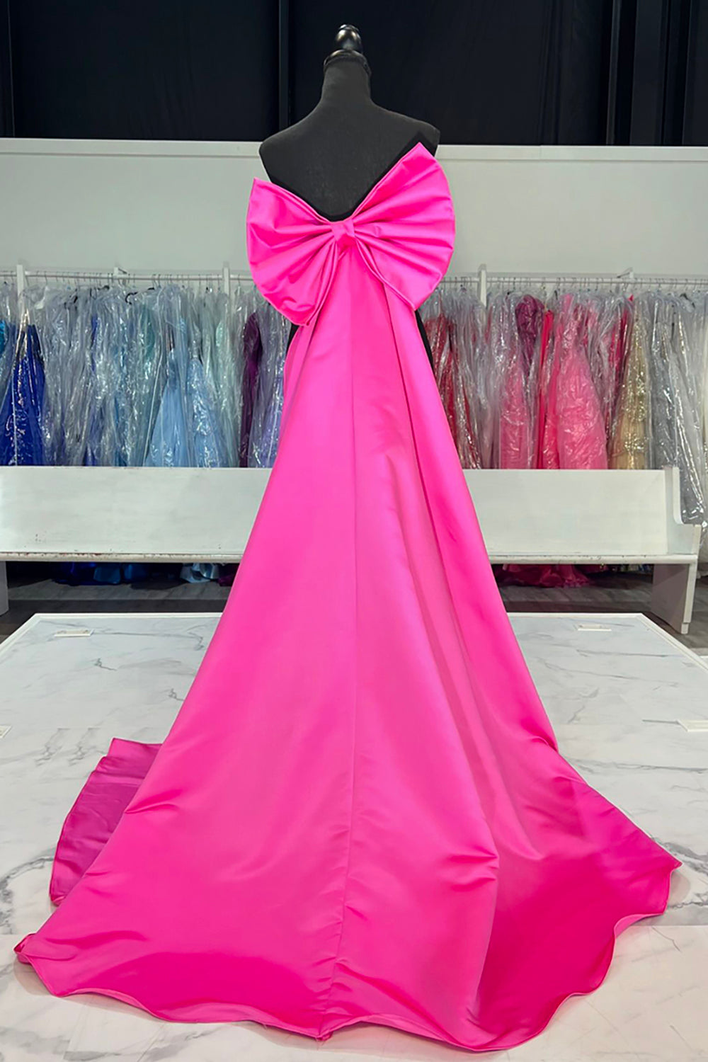 Long Satin Prom Dress in Black Fuchsia with Sweetheart Neckline and Mermaid Bow