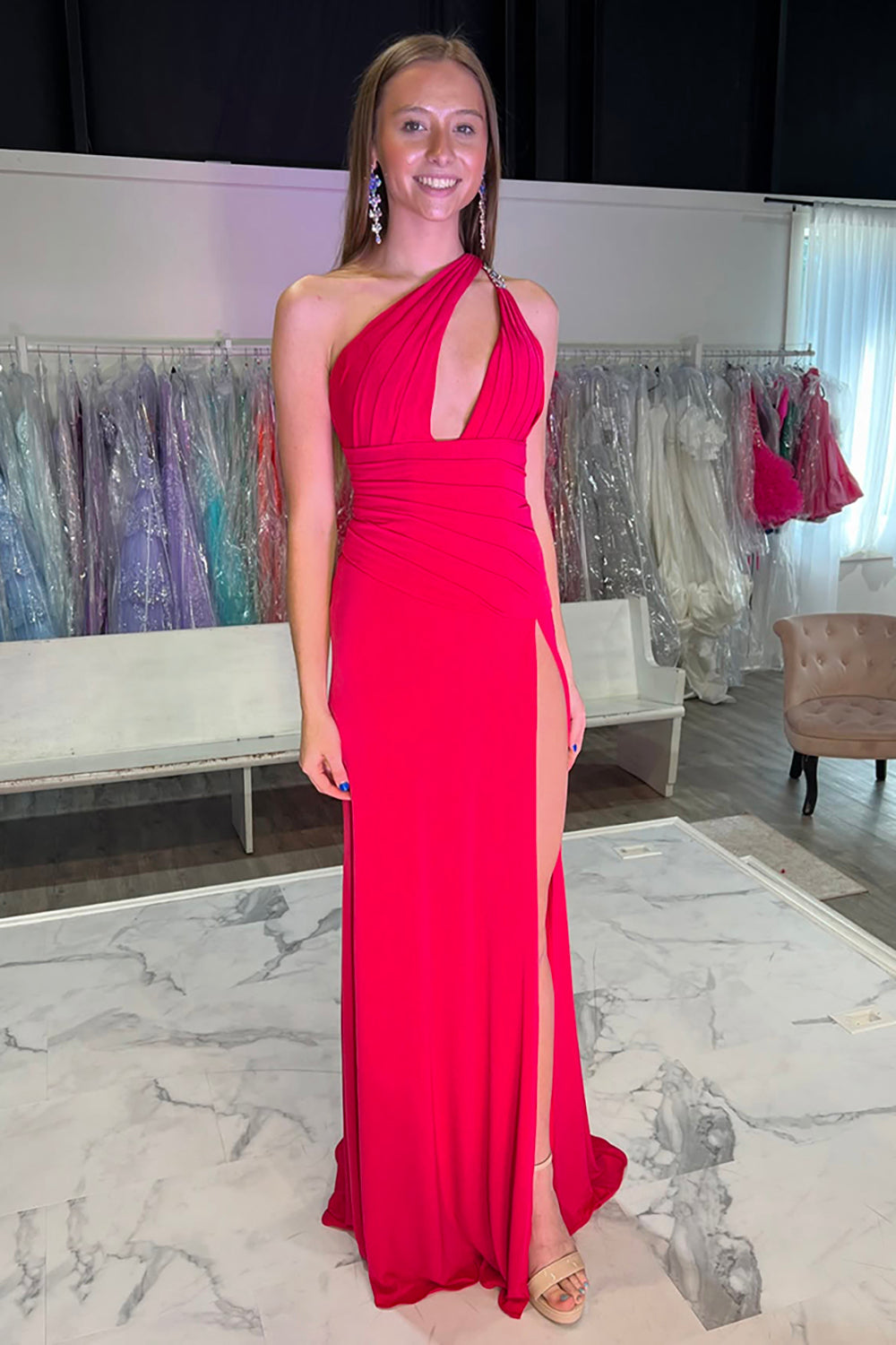 Long Purple Satin Prom Dress with Slit and One Shoulder