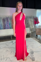 Long Purple Satin Prom Dress with Slit and One Shoulder