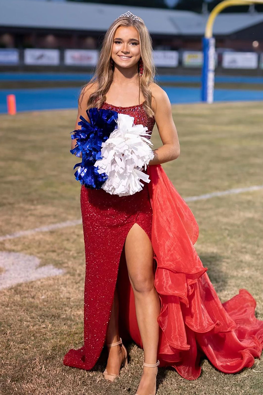 Long Strapless Mermaid Prom Dress in Gold with Sequins Beads and Waist Cape