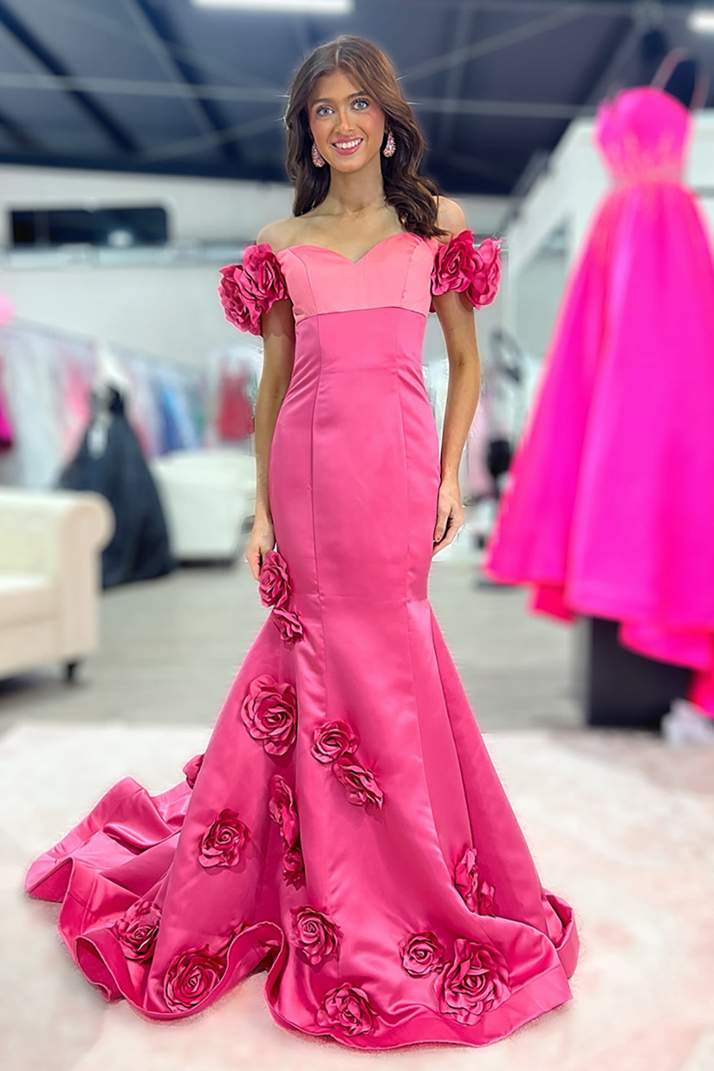 Long Fuchsia Satin Mermaid Prom Dress with Flowers Off the Shoulder