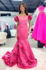 Long Fuchsia Satin Mermaid Prom Dress with Flowers Off the Shoulder