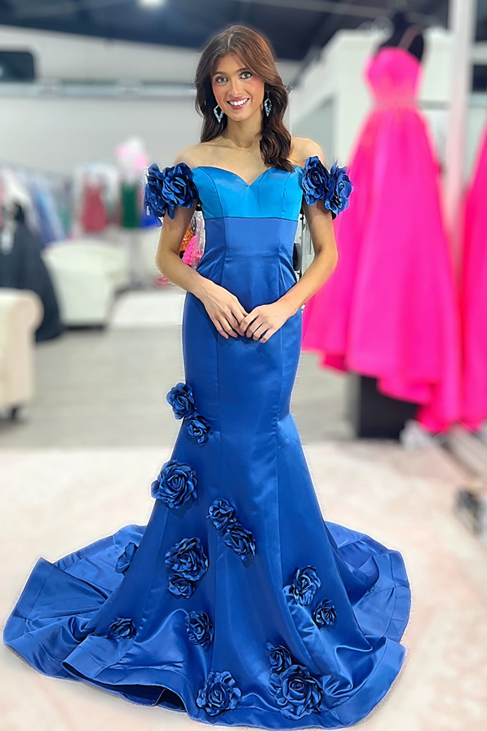 Long Fuchsia Satin Mermaid Prom Dress with Flowers Off the Shoulder