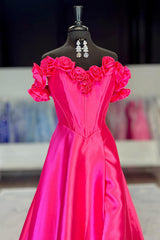 Long Fuchsia Satin Prom Dress with Flowers Off-the-Shoulder A-Line