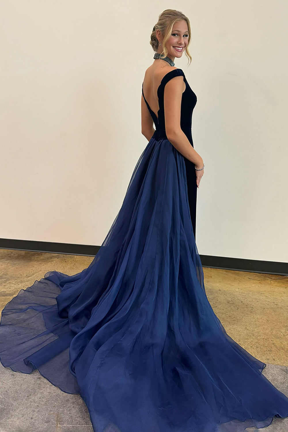 Velvet Navy Long Prom Dress with Off-the-Shoulder Neckline and Waist Cape