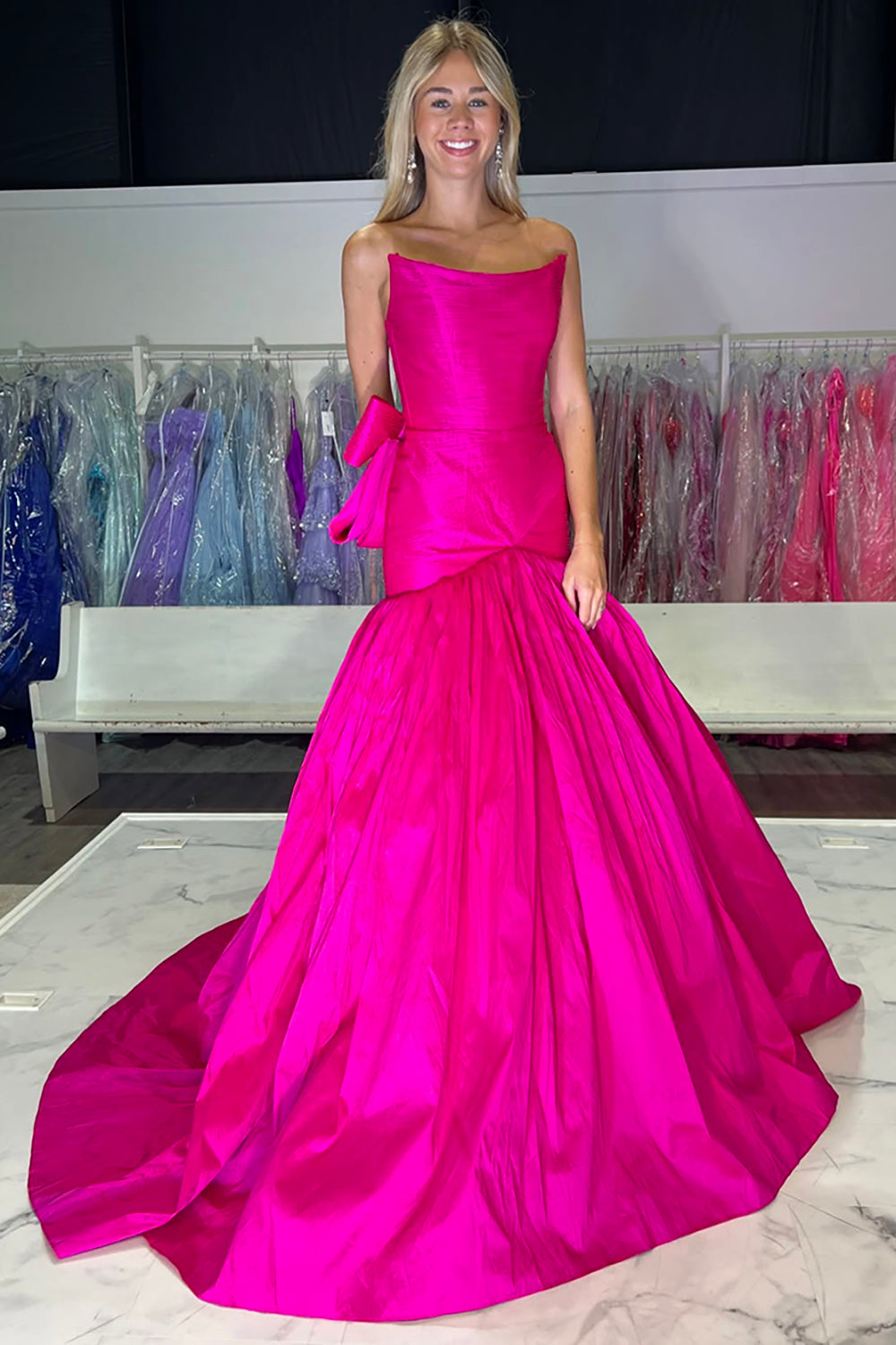Long Strapless Satin Prom Dress in Fuchsia with Ruched Mermaid Design and Bow