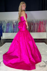 Long Strapless Satin Prom Dress in Fuchsia with Ruched Mermaid Design and Bow