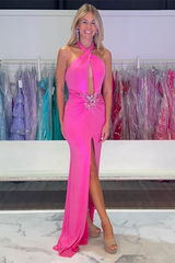 Long Backless Fuchsia Prom Dress in Satin with Halter Neck and Mermaid Slit