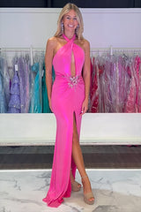 Long Backless Fuchsia Prom Dress in Satin with Halter Neck and Mermaid Slit