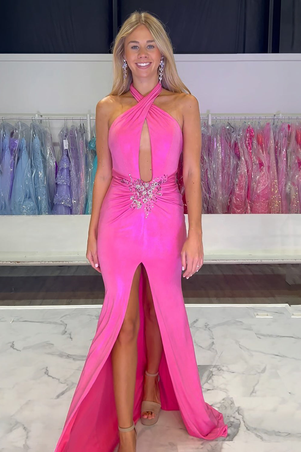 Long Backless Fuchsia Prom Dress in Satin with Halter Neck and Mermaid Slit