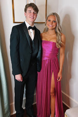 Metallic Fuchsia Long Strapless Prom Dress with Sparkly A-Line Slit