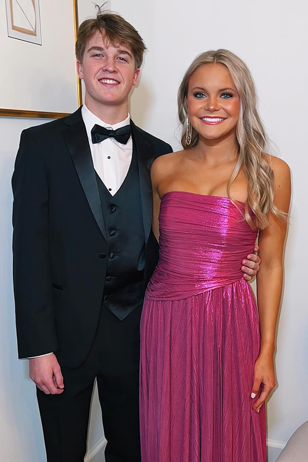Metallic Fuchsia Long Strapless Prom Dress with Sparkly A-Line Slit