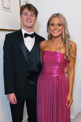 Metallic Fuchsia Long Strapless Prom Dress with Sparkly A-Line Slit
